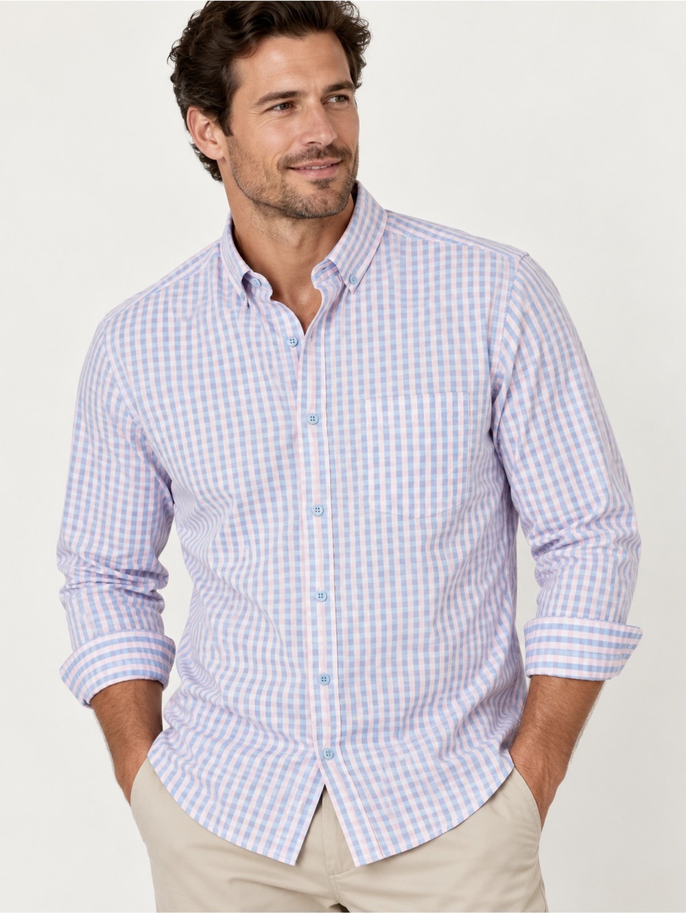 Johnston & Murphy Men’s Pink Blue Check Button Down Shirt Size L